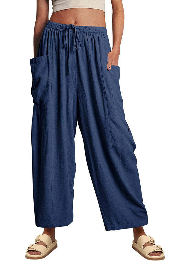 Diani Linen Blend Drawstring Waist Pocketed Loose Pants