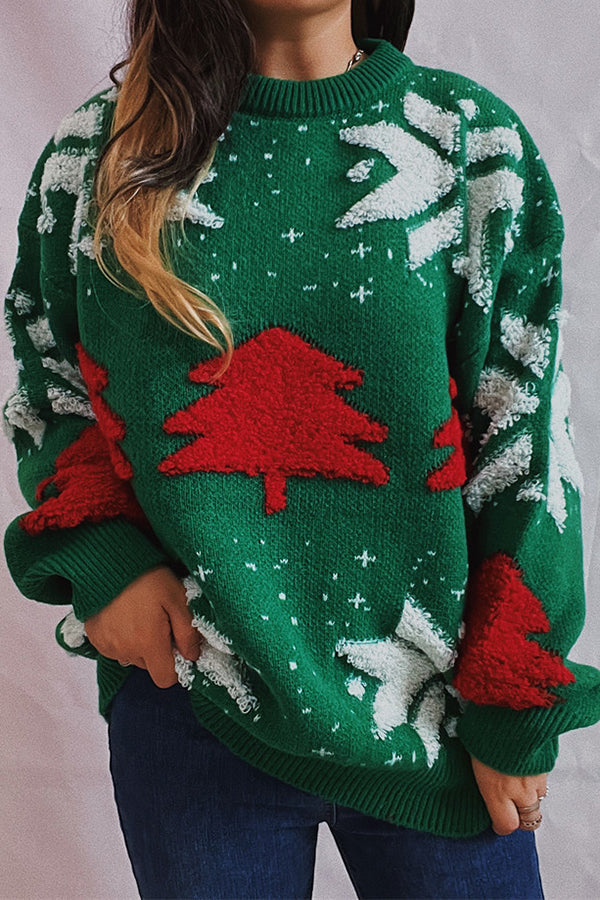 Christmas Pattern Knitted Crew Neck Long Sleeved Sweater