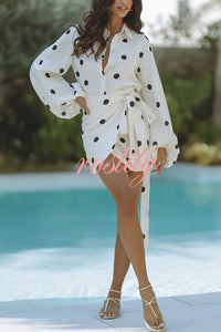 Effortlessly Linen Blend Polka Dot Balloon Sleeve Blouse and Wrap Tie-up Loose Mini Skirt Set