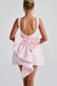 Stylish Pearl-embellished Large Bow Slim-fit Mini Dress