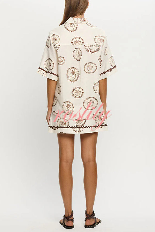 Resort Style Print Lapel Short Sleeve Shirt and Casual Mini Skirt Set