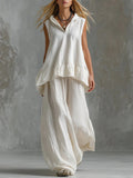 Boho Linen Hooded Two-Piece Outfit - Flowy Ruffle Top & Wide Leg Pants