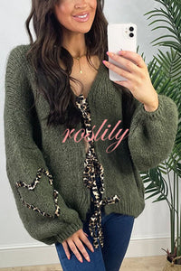 Fashionable Loose Long-sleeved Leopard Print Lace-up Knitted Sweater Cardigan