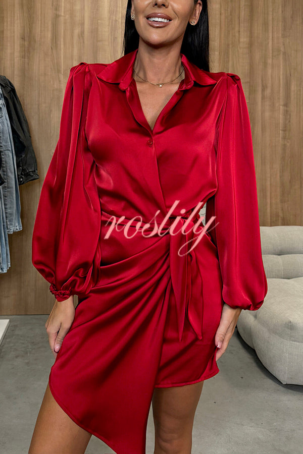 Solid Satin Long Sleeve Tie Waist Irregular Mini Dress