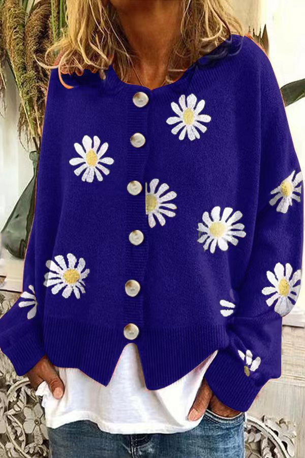 Chrysanthemum Embroidery Knitting Button Down Cardigan Coats