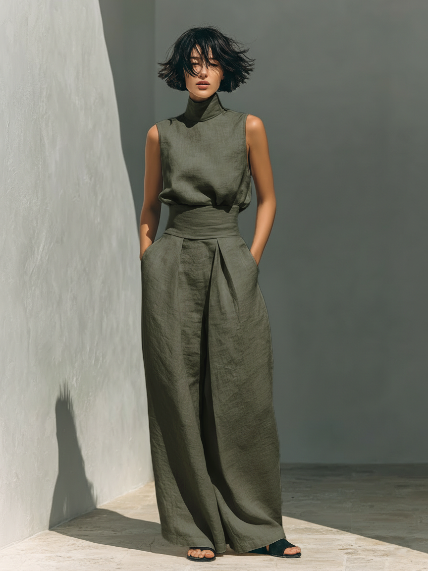 Minimalist Cotton And Linen Sleeveless Blouse And Wide-leg Pants Set