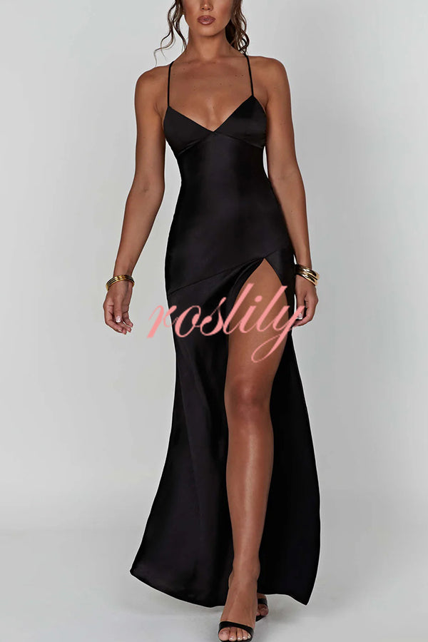 Satin Solid Color Sexy Backless Lace Up High Slit Maxi Dress