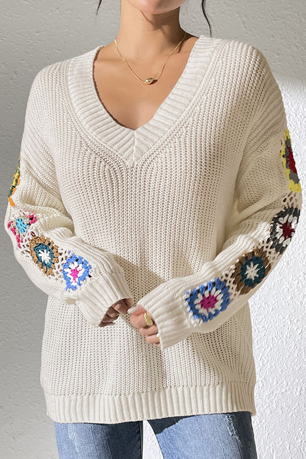 Fashion Hook Flower Long Sleeve V-Neck Loose Knitted Sweater