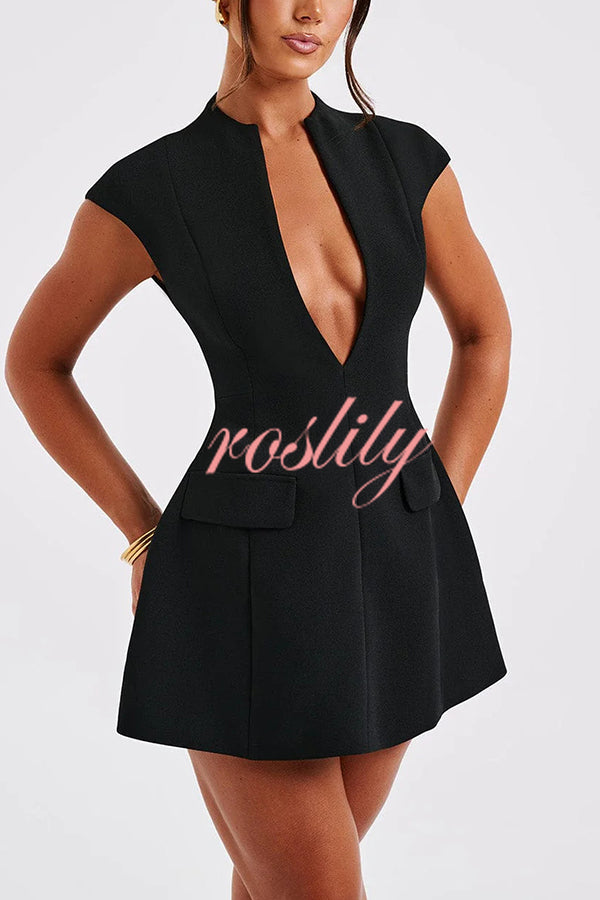 Simple Yet Chic Cap Sleeve V Neck Bubble-shaped Mini Dress