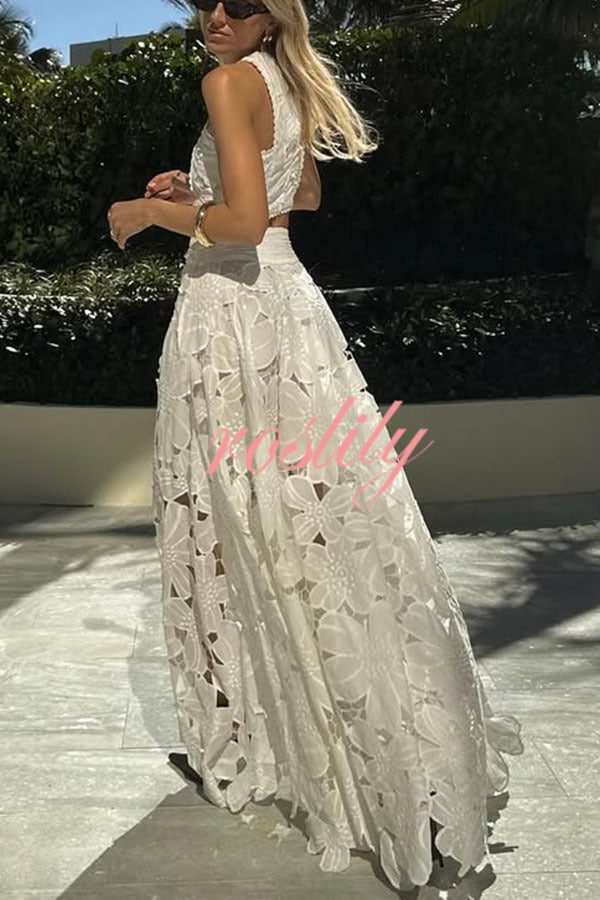 Next Trip Floral Embroidery Crochet Lace Crop Tank Top and Elastic Waist Pocket Maxi Skirt Set