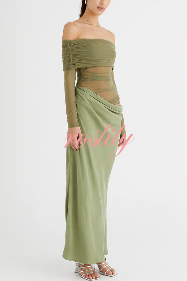 Exquisite Sexy Mesh Patchwork Off Shoulder Cutout Ruched Maxi Dress