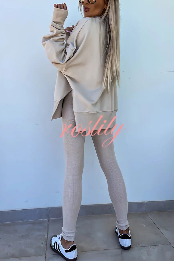 Solid Color Loose Long Sleeve SlitSweatshirt and Elastic Waist Tight Pants Set