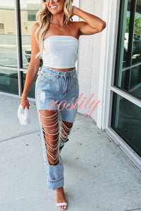 Casual Pocket Ripped Chain Embellished Straight Jeans