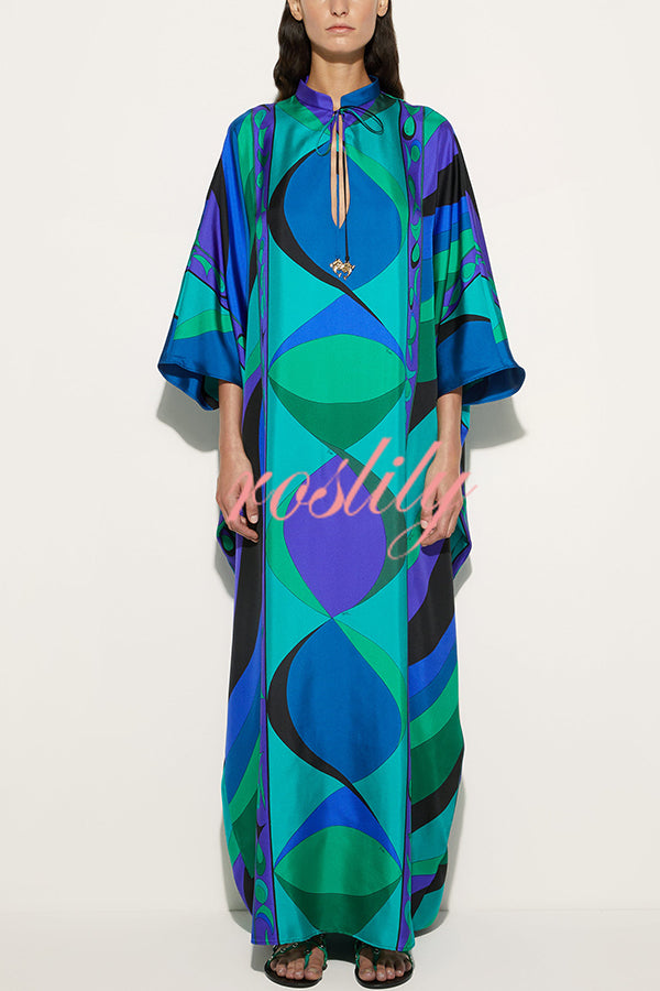 Holiday Choice Satin Unique Print Drape Wide Sleeve Loose Kaftan Maxi Dress