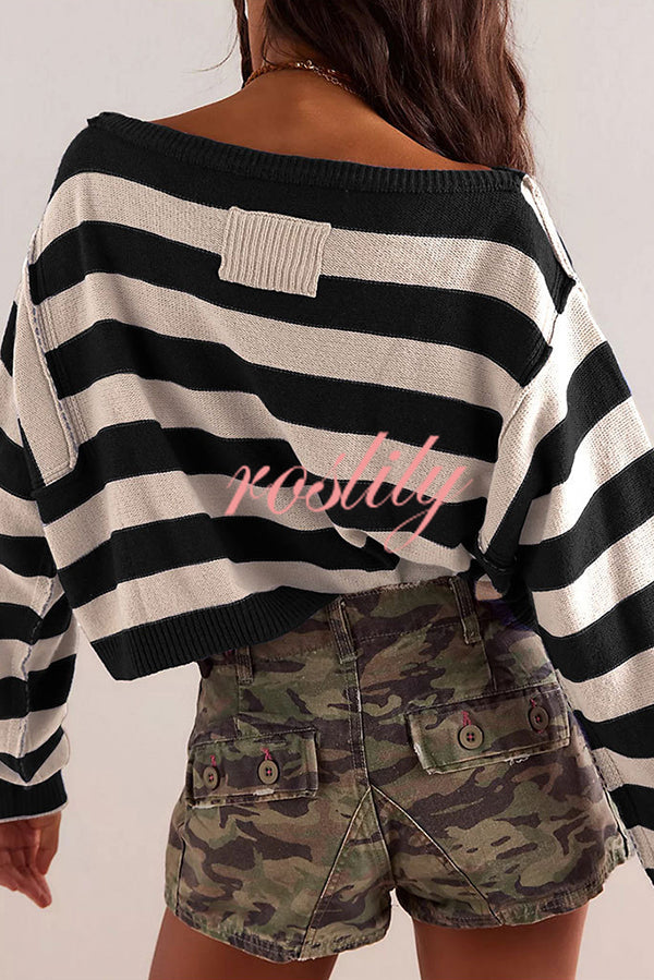 Striped Print Crew Neck Long Sleeve Loose Knitted Sweater