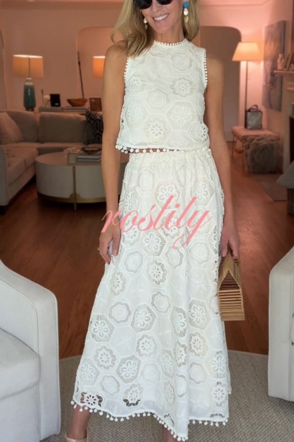 Nice Try Embroidered Crochet Lace Tassle Trim Elastic Waist Midi Skirt