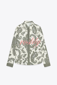 Blend Into Leaves Linen Blend Unique Print Long Sleeve Blouse and Wrap Tie-up Mini Skirt Set