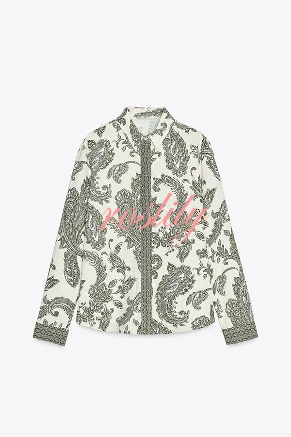 Blend Into Leaves Linen Blend Unique Print Long Sleeve Blouse and Wrap Tie-up Mini Skirt Set