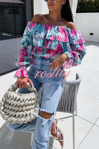 Colorful Botanical Print Sexy Off-shoulder Ruffle Top