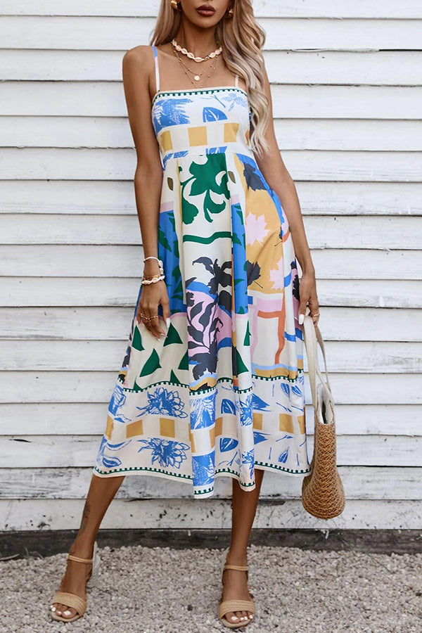 Tea Party Vibes Unique Print Pocketed Smocked Back Midi Dress