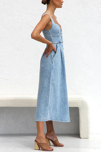 Spring Fling Washed Denim Button Pocket Back Smocked Midi Dress