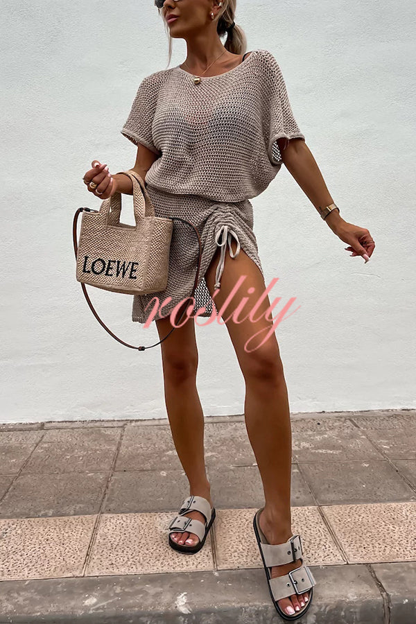 Solid Color Knitted Cutout Lace Up Crew Neck Mini Dress