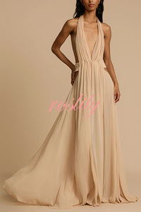 Ethereal Moment Tulle Cutout Ruched Waist Backless Halter Maxi Dress