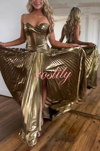 Dazzling Metallic Fabric Cross Strapless Cutout Slit Pleated Maxi Dress