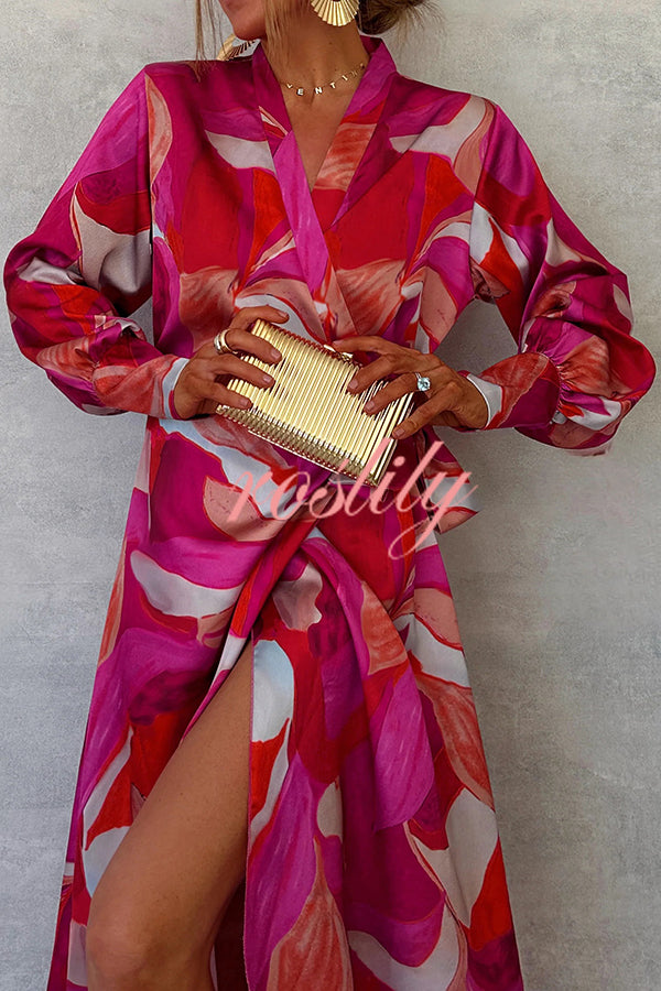 Unique Printed Long Sleeve V-neck Tie-up Waist Slit Maxi Dress