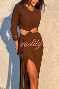 Solid Color Round Neck Long Sleeve Sexy Exposed Waist Slit Maxi Dress