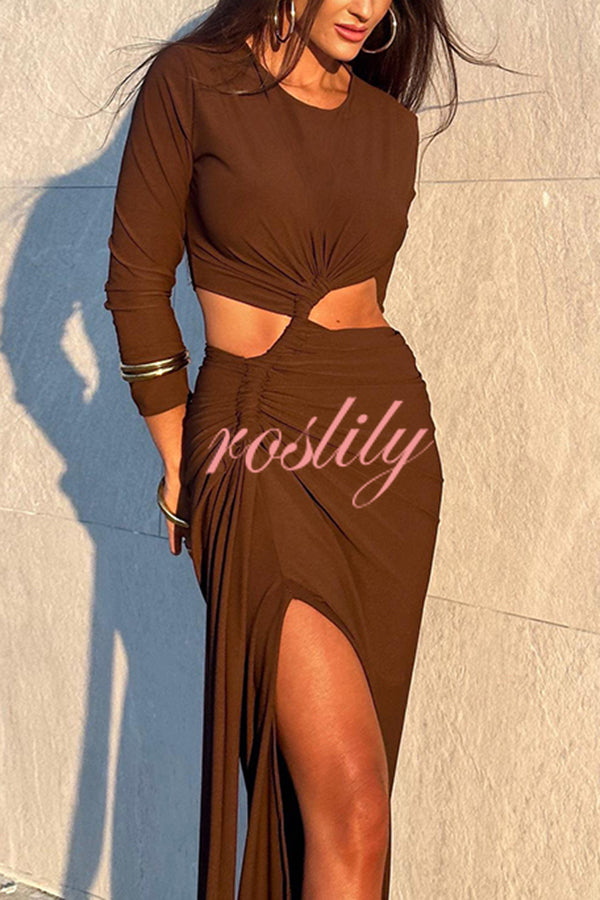 Solid Color Round Neck Long Sleeve Sexy Exposed Waist Slit Maxi Dress