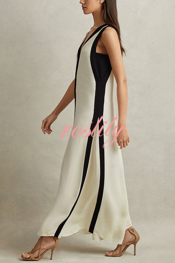 Elegant Piano Keys Reversible Style Colorblock A-line Maxi Dress