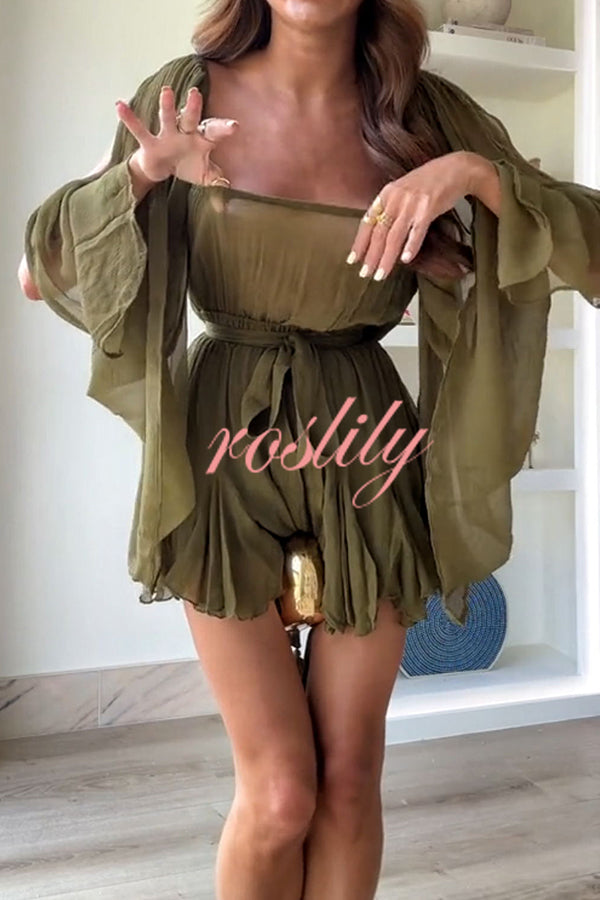 Vacay in Paradise Chiffon Slit Sleeve Elastic Waist Belt Flowing Mini Dress