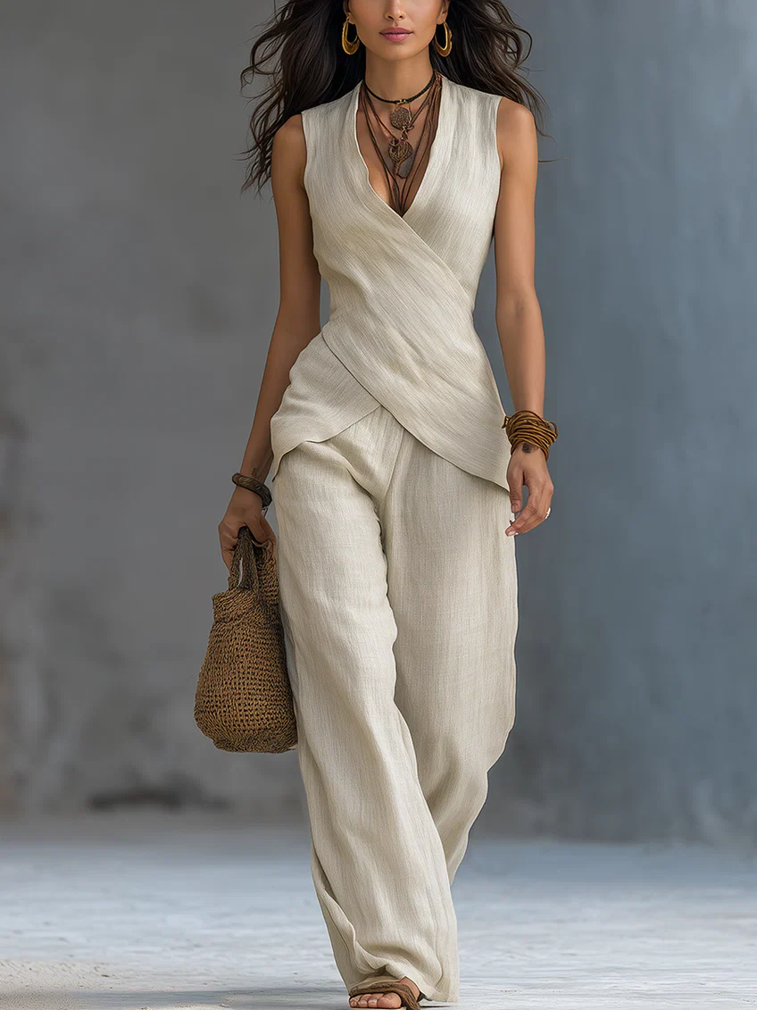 Linen Wrap Sleeveless Top & Wide-Leg Pants Two-Piece Set