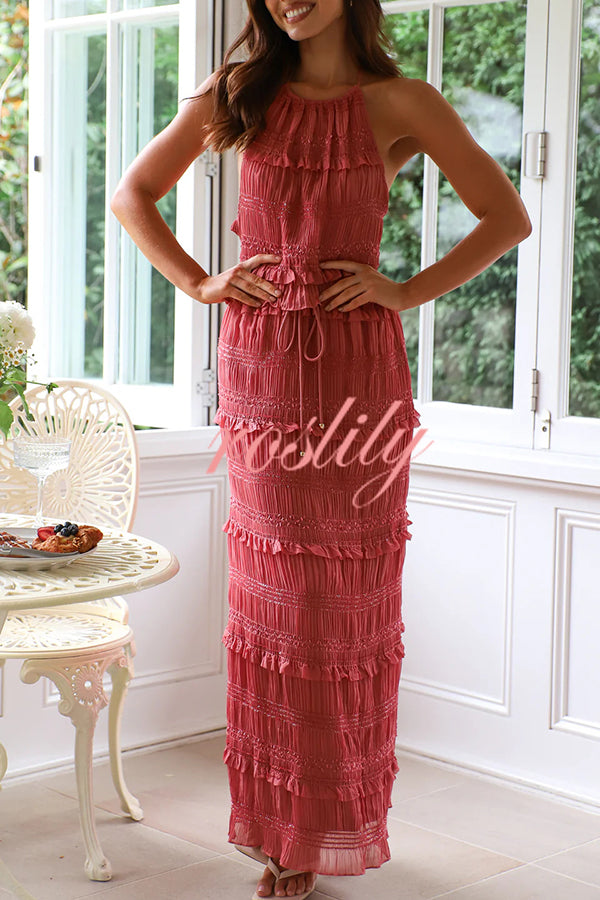 Feel Chic and Romantic Sequin Textured Material Drawstring Waist Tiered Maxi Skirt