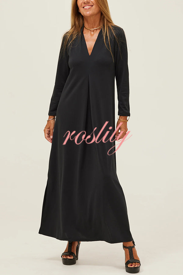 Solid Color V-neck Casual Slit Maxi Dress