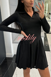 Solid Color Lapel Long Sleeve Slim Fit Waist Mini Dress