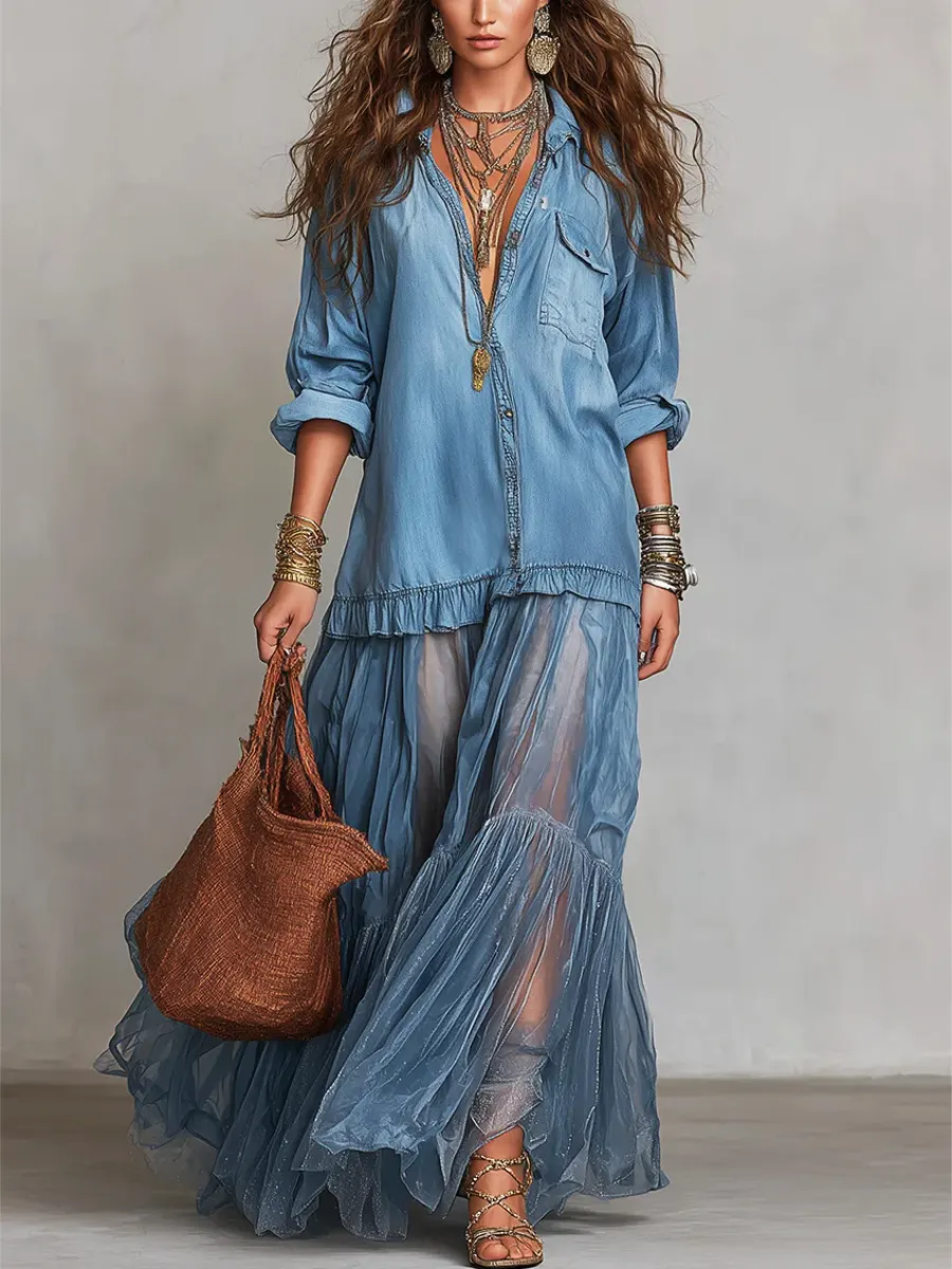 Vintage Denim Patchwork Maxi Dress