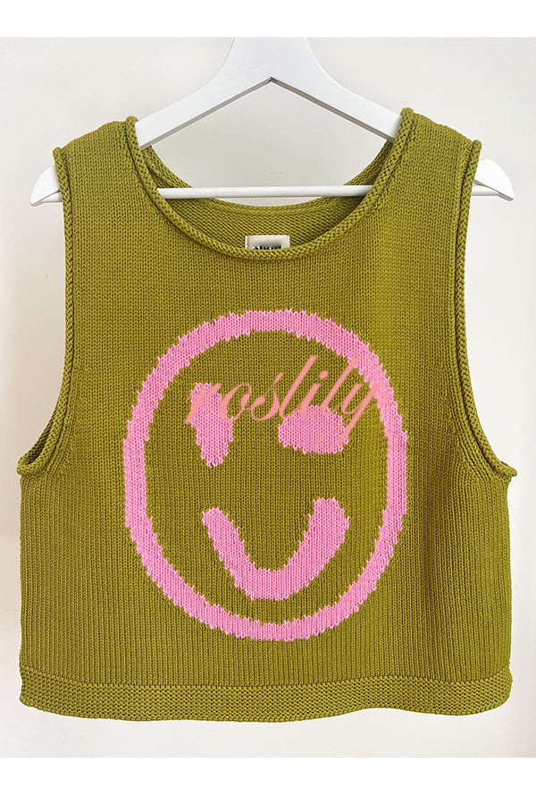 Always Happy Face Knit Unique Pattern Versatile Loose Tank Top