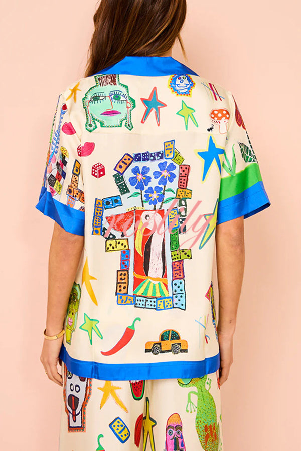 Vibrant Beach Satin Unique Print Colorblock Trim Button Down Oversized Blouse