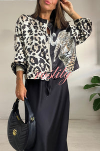 Shiloh Leopard Unique Print Zipper Drawstring Hem Bomber Jacket