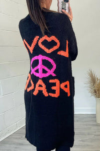 Neon Love Peace Chunky Knit Pocket Straight Midi Cardigan