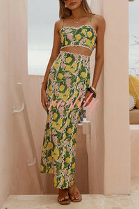 Linen Blend Summer Fruit Print Camisole Top and Elegant Lace Back Slit Maxi Skirt Set
