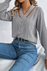 Casual Hollow V-neck Long-sleeved Knitted Sweater