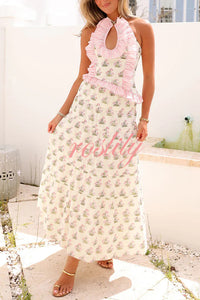 Tatum Printed Ruffle Trim Halter Top and Elastic Waist Flowy Maxi Skirt Set
