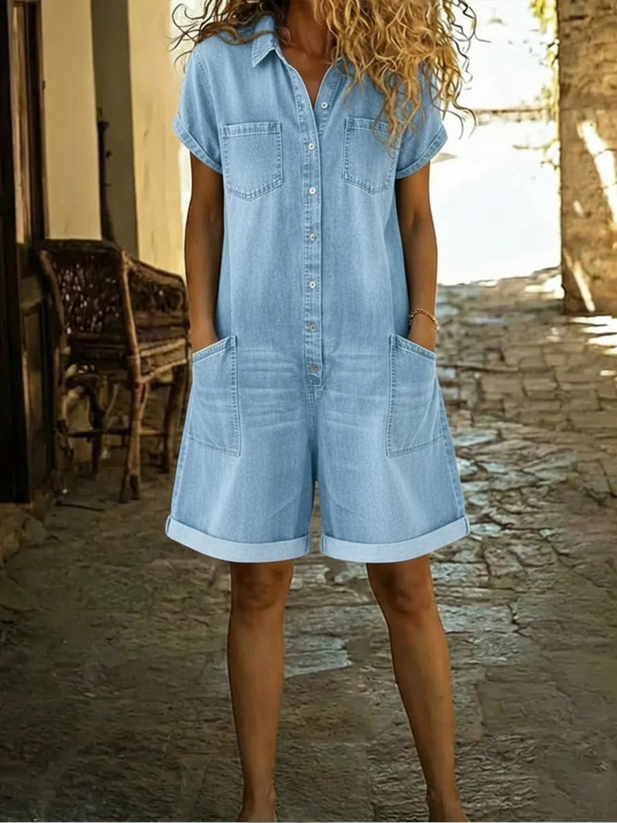 Casual Cotton Denim Jumpsuit Shorts
