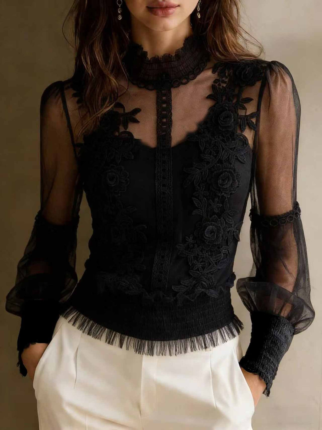 Lace High-Neck Sheer Blouse