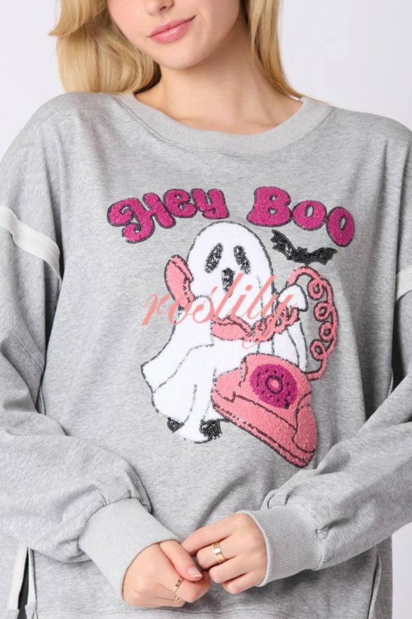 Halloween Cartoon Ghost Sequin Loose Casual Sweatshirt