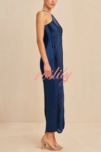 Sexy Allnight Metallic Halterneck Backless Fringed Slit Maxi Dress