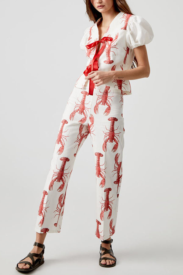 Fun Vacation Lobster Print High Rise Straight Pants